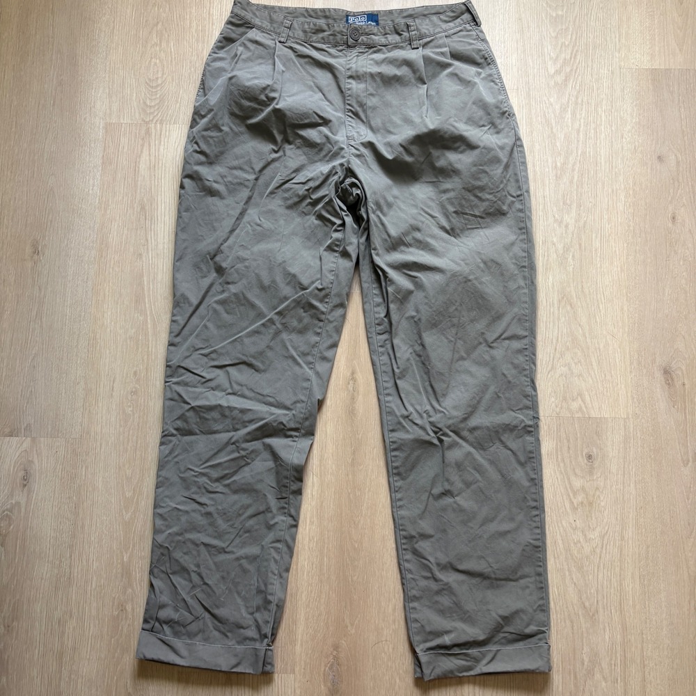 Polo Ralph Lauren Mens 36x34 Pleated Chino Pants Gray Olive Cuffed Trousers